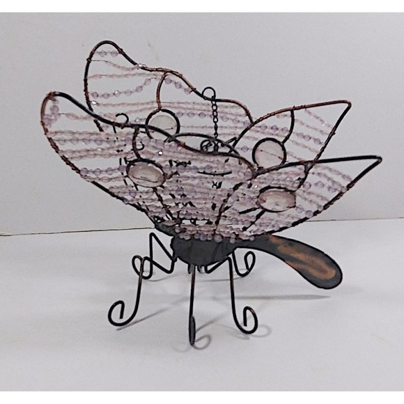 Butterfly Art Sculpture Figurine 8in Pink Bead Metal Sitting Hanging Vintage